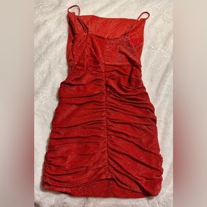 Main Strip Red Mini Stretch Dress with Draped Neckline Size Large